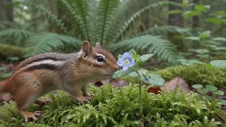 Chipmunk next to a blue flower in a forest