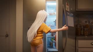 Woman opening a fridge in a kitchen
